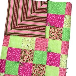 Handmade Patchwork Quilt Throw Blanket 51'x41" Green Pink Floral Reversible